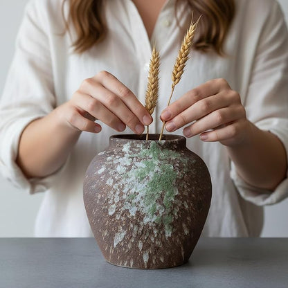 Rustic Farmhouse Ceramic Vase Home Decor,Handmade Vintage Stoneware Clay Pottery Terracotta Textured for Modern Farmhouse, Living Room, Office Desk Table Shelf(Brown) 6IN