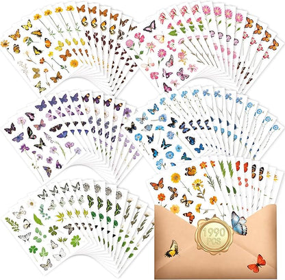 1990 PCS PVC Flower & Butterfly Stickers, Self-Adhesive Nature Floral Stickers for Scrapbook, Laptop, Journal, DIY Project, Spring-Themed Party Decors