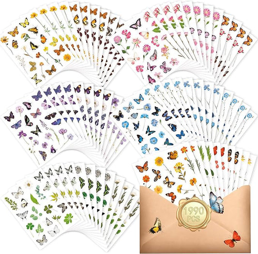 1990 PCS PVC Flower & Butterfly Stickers, Self-Adhesive Nature Floral Stickers for Scrapbook, Laptop, Journal, DIY Project, Spring-Themed Party Decors