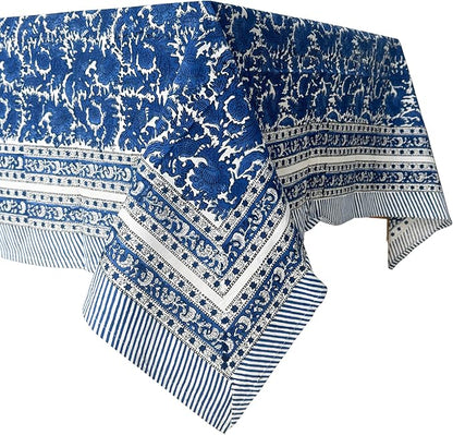 ATOSII Paradise Blue 100% Cotton Rectangle Summer Tablecloth, Handblock Floral Print Linen Table Cloth for Kitchen Dining I Parties, Weddings, Outdoors, Decor 60 X 90 Inches