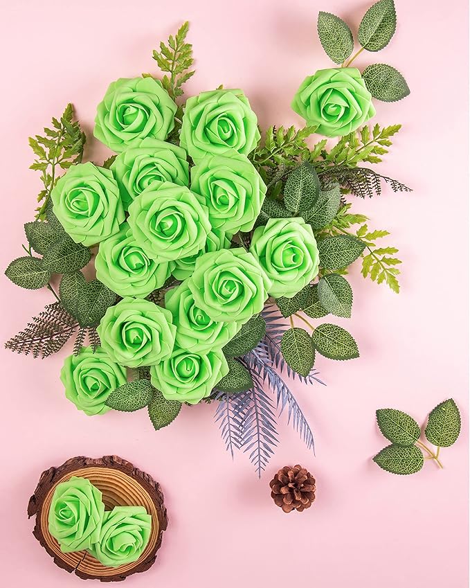 DuHouse 25Pcs Artificial Roses Flowers Fake Roses with Stems Real Touch Foam Flowers for DIY Wedding Bouquet Baby Shower Centerpiece Floral Arrangement Party Home Decor(Light Green)