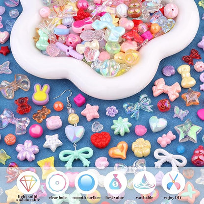 Assorted Acrylic Beads, 200-260PCS Mixed Colors Cute Beads for Bracelet Making, GummyBear Bow Flower Kawaii Charms for Jewelry Making DIY Necklace Keychain Phone Charm Christmas Gift
