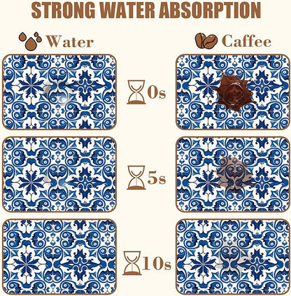 Dish Drying Mat Blue Portuguese Tiles Coffee Bar Mat for Countertop - Absorbent Rubber Backed Hide Stain Dish Drainer Rack - Coffee Maker Pot Dining Room Decoration 15.7 x 23.6 Inch