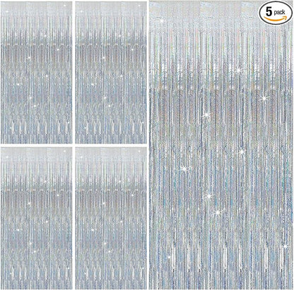 5 Pack Silver Glitter Streamers Party Decorations Tinsel Foil Fringe Curtains Christmas Birthday Bachelorette Party Wedding Decor Supplies