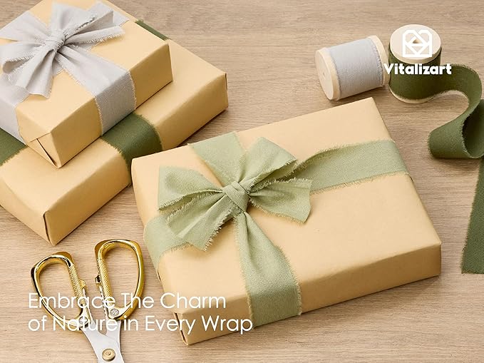 Vitalizart Sage Green Ribbon 1-1/2" x 15 Yd 100% Cotton Handmade Frayed Fringe Fabric Incanus Ribbons for Gift Wrapping Wedding Invites Bridal Shower Bouquets Christmas Decorations