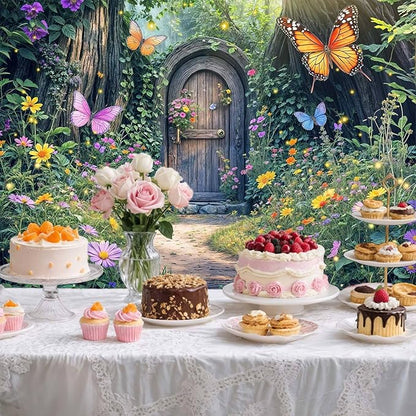 12X10ft Enchanted Forest Backdrop Fairy Enchanted Wonderland Garden Wooden Door Floral Butterfly Photography Background for Kids Girls Baby Shower Birthday Party Decoration Banner Booth Props