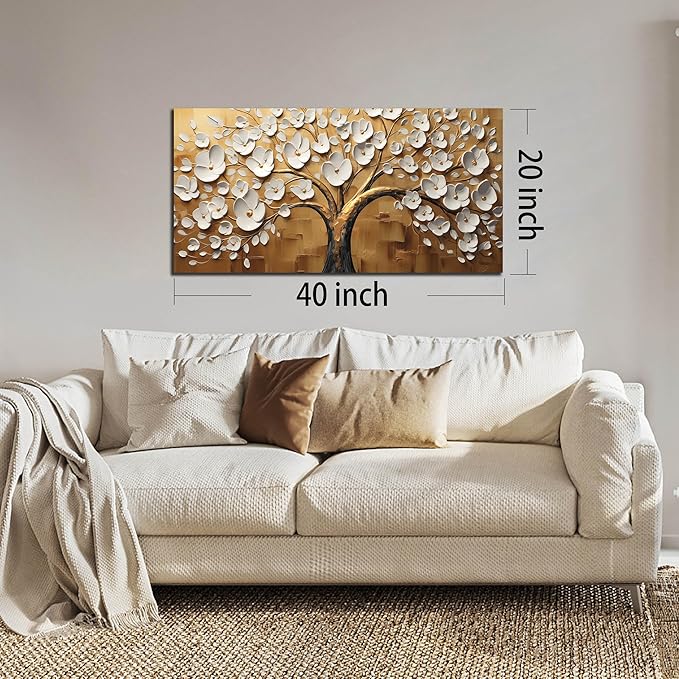 Large Wall Art for Living Room Bedroom Office Tree Art Wall Decor Gold Artwork Tree of Life Wall Art White Flower Framed Wall Decor Modern Canvas Prints 20x40 In