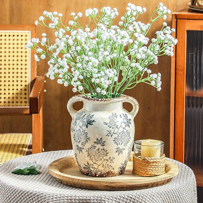 Enra Vintage vase with Handle,Blue and White Ceramic Decorative Flower vase, Chinoiserie Floral Vase,Large Rustic Vases for Home Decors, Living Room, Bookshelf, Office,7.8 in