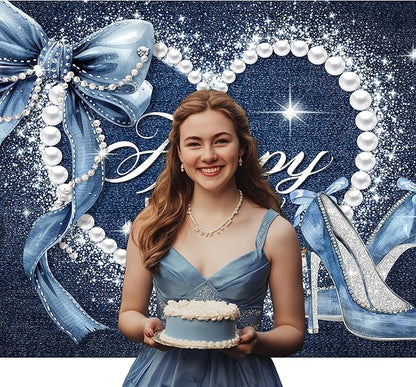 Denim and Diamonds Bow Backdrop 5Wx3H Photography Silver High Heels Happy Birthday Banner Pearl for Women Girls Background Blue Coquette Party Decorations Banner Photo Booth Props Supplies