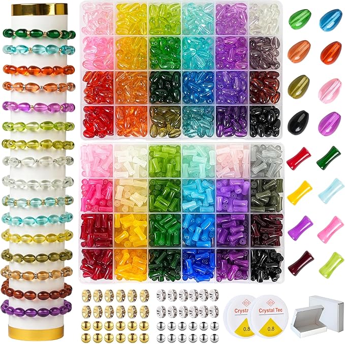 REVKI 1200pcs Glass Beads Bracelet Making Kit, 48 Colors Crystal Beads for Jewelry Making,Strange Shaped Glass Beads for Bracelets and DIY Crafts(Teardrop and Bamboo)