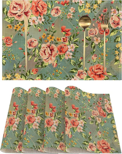 Placemats-Vintage Rose Floral Linen Table Place Mats Set of 4 Non-Slip Heat Resistant Table Mats for Dining Kitchen Cabin Decor 12x18 Inch
