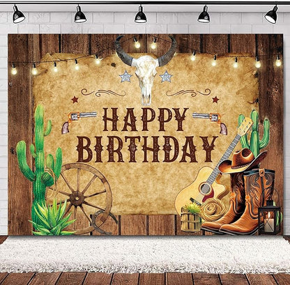 SVBright Western Backdrop 7Wx5H Cowboy Happy Birthday Rustic Wooden Board Cactus Rodeo Brown Hat Plant Country Wild West Men Boy Bday Party Decorations Photography Background Banner Photo Booth Studio