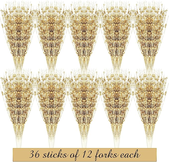 Geosar 30 Pcs Christmas Artificial Glitter Berry Stem Decorations 17 Inch Faux Stick Floral Pick Centerpiece Bouquet Flower Bead Twigs for Centerpiece Tree Wreath Xmas Ornaments Home(Gold)