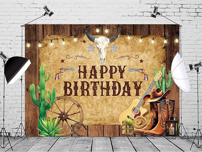 SVBright Western Backdrop 7Wx5H Cowboy Happy Birthday Rustic Wooden Board Cactus Rodeo Brown Hat Plant Country Wild West Men Boy Bday Party Decorations Photography Background Banner Photo Booth Studio