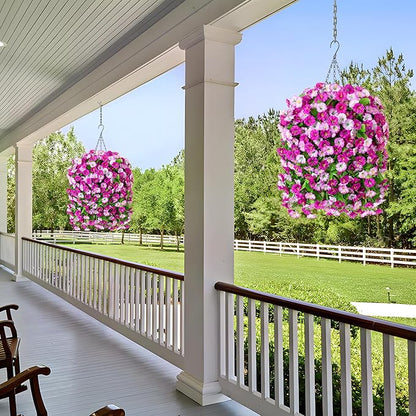 Artificial Fake Hanging Flowers Basket for Spring Decor, Faux Silk Flower in Planter for Summer, Outdoor Artificial Floral for Home Porch Yard(Double Lotus)