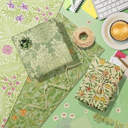 12 Sheets William Morris Wrapping Paper William Morris Gift Wrap Paper Vintage Floral Gift Wrapping Papers Green Vines and Flowers Art Papers for DIY Crafts Birthday Gift Packing Favors, 20x27 Inch