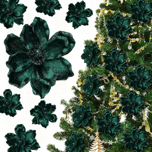 20 Pcs Christmas Glitter Poinsettia Magnolia Flowers Ornaments Large Heads Artificial Magnolia Flowers for Christmas Tree Xmas Wreath Holiday Wedding Decor(Green)
