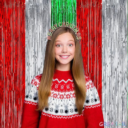 Red Silver Green Party Streamers - GREATRIL Christmas Tinsel Backdrop for Xmas Winter Italian Elf Themed Parties Decorations - 2 Packs