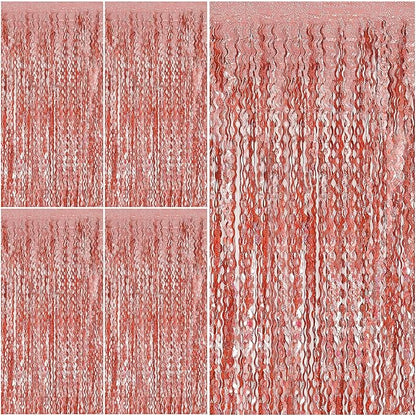 Rose Gold Tinsel Foil Fringe Curtains Wavy Backdrop for Parties Sparkle Metallic Wavy Foil Fringe Backdrop Curtain Photo Booth Props Birthday Graduation Wedding Bachelorette Party Decorations