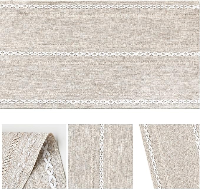 Artoid Mode Brown Rustic Cotton Linen Table Runner, Seasonal Embroidered Hollow Kitchen Dining Table Decoration for Home Party Decor 13x90 Inch