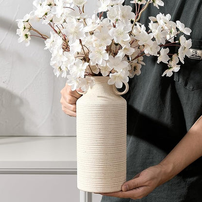 Ceramic Rustic Vase with 2 Round Handles, Antique Farmhouse Flower Vase, Vintage Terracotta Vases for Home Decor, Wedding, Living Room, Table, Shelf Decor - 10.2 Inch Tall, White