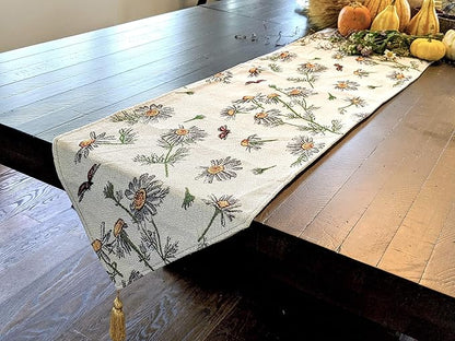 Tache Ivory Floral Table Runner Yellow Daisies Ladybugs Woven - Long Vintage Tapestry Kitchen Dining Dinner Linens Cloth - 13 x 90 inches