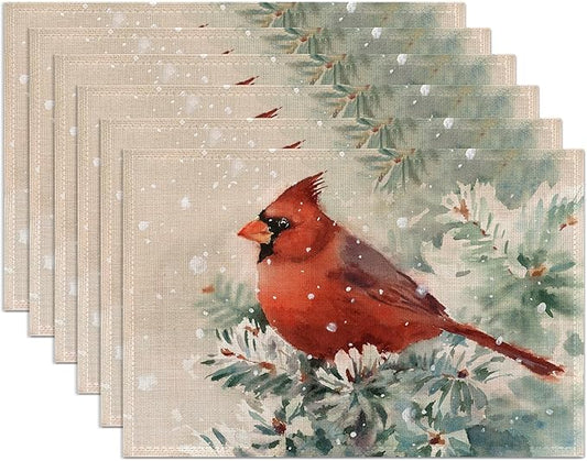 Christmas Cardinal Placemats Set of 6, Bird Place Mats Washable Heat Resistant 12×18 Inch Linen Table Mats for Christmas Dining Décor