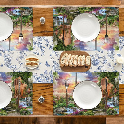 Paris Eiffel Tower Placemats Set of 4,Flower Garden Placemats for Dining Table,Heat Resistant Stain Resistant Wipeable Table Mats for Kitchen Dining Holiday Party Home Decor,12x18 Inch