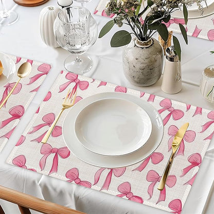 Pink Cute Bow Placemats Set of 6,Dinner Table Mats Non-Slip Washable Mats for Kitchen Dinner Party Tablemat 12x18Inch