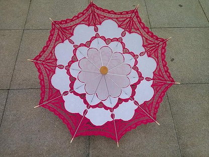 Handmade Fuchsia and White Lace Parasol Umbrella Wedding Bridal 30 Inch Adult Size