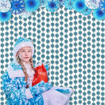 BRAVESHINE Blue Party Snowflake Backdrop - 2 Pack Hanging Foil Fringe Snow Flakes Party Streamers Curtain for Christmas Winter-Themed Frozen Birthday Baby Shower Holiday New Year Party Decorations