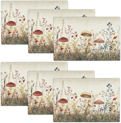 Cute Mushroom Placemats Set of 6, Flowers Plant Place Mats, Rustic Leaves Dining Table Mats, Washable Placemats for Kitchen Dining Room 18L'' × 12W''