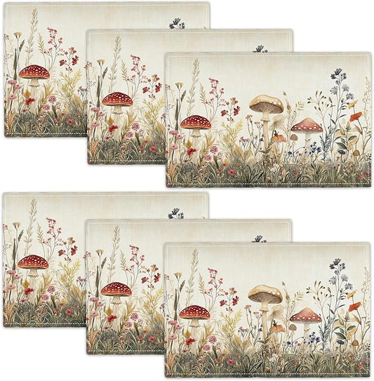 Cute Mushroom Placemats Set of 6, Flowers Plant Place Mats, Rustic Leaves Dining Table Mats, Washable Placemats for Kitchen Dining Room 18L'' × 12W''