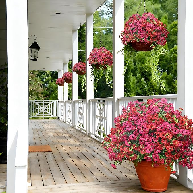 16 Bundles Artificial Flowers for Outdoors–Realistic Silk Mums in Red & Rose Red Mix-UV Resistant Faux Flowers for Garden Yard Patio Porch Home Wedding Décor