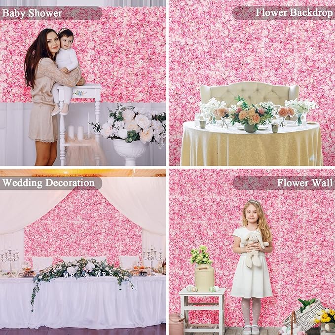 Flower Wall Panel Set, U'Artliens Artificial Wall Flower Backdrop 24x16 Inch 3D Silk Hydrangea Rose Floral Panel for Photo Background Home Party Wedding Backdrop Decoration(12pcs,Pink)