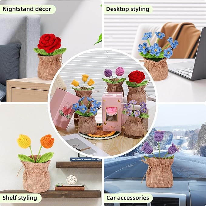 Crochet Flower Plant, Empathetic Flower Gift for Women & Men, Perfect for Birthday, Christmas, Mother's Day, Desk Decor, Birthday Decorations, Kids Party Decoration. Pink Myosotis