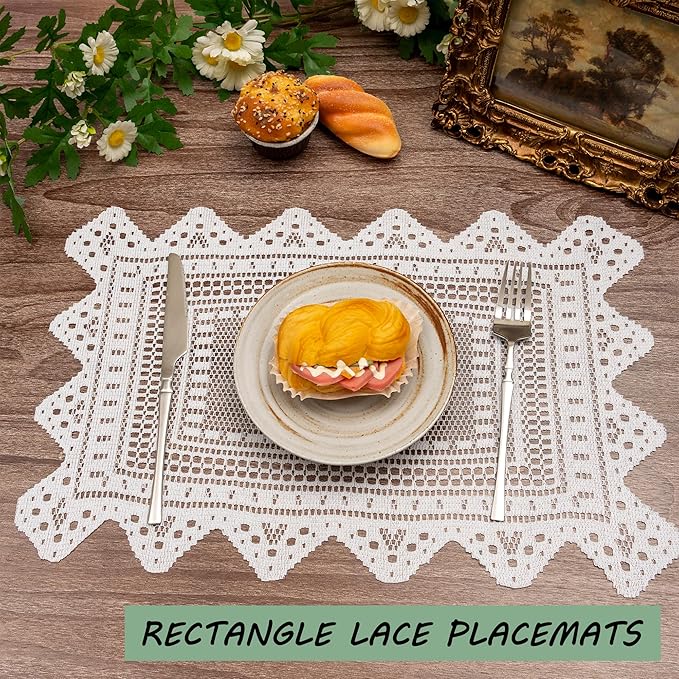 Jayla 2 Pcs Rectangle Lace Placemats for Tables Embroidered Lace Tablemats Vintage Crochet Floral Table Runner Vintage Wedding, Tea Party Decor,12x17 Inch