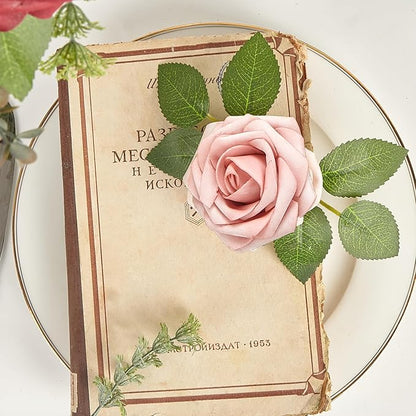 Artificial Flowers, 50pcs Hot Pink and Blush Artificial Rose for DIY Wedding Bouquets Centerpieces Arrangements, Fake Flower with Stem for Party Home Decorations