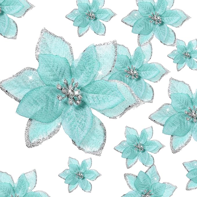 WILLBOND 24 Pcs 3 Size Poinsettia Flower Artificial Christmas Decor Glitter Poinsettia Christmas Ornaments Faux Flowers for Xmas Tree Outdoor(4/6/7.9 Inches,Blue)