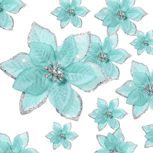 WILLBOND 24 Pcs 3 Size Poinsettia Flower Artificial Christmas Decor Glitter Poinsettia Christmas Ornaments Faux Flowers for Xmas Tree Outdoor(4/6/7.9 Inches,Blue)