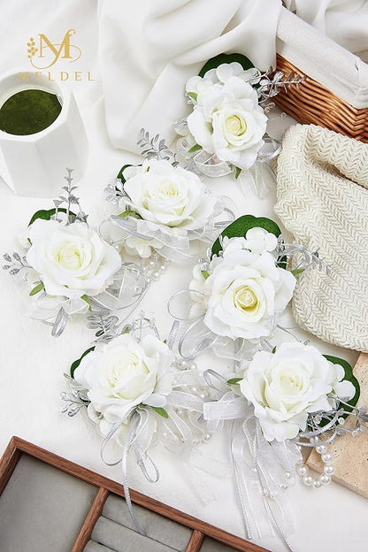 Meldel Prom Wrist Corsage for Bride Bridesmaids Wedding, Set of 6, Artificial White Rose Wrist Corsages for Prom Women Girls Engagement Mother Bridal Shower Party Homecoming Graduation Anniversary