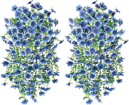 Artificial Faux Hanging Flowers Plant for Fall Outdoor Outside Decoration, 2 PCS Fake Silk Violets with Eucalyptus UV Resistant Realistic Daisy Trailing Vines for Balcony Yard Patio Porch Planter,Blue