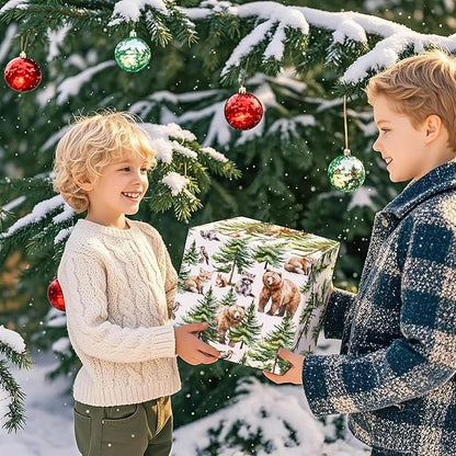 WRAPAHOLIC 30 Inch Kraft Christmas Wrapping Paper - 30 Inch x 33 Feet - White Wild Animal Winterfall Watercolor and Christmas Tree Wrapping Paper Perfect for Holiday, Party