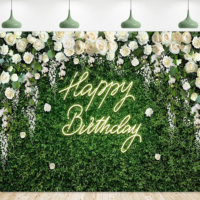 Riyidecor Green Leaves Birthday Backdrop Vinyl Neon White Rose Flower Floral Blossom Elegant Greenery Grass Wall Botanical Plant 10Wx8H Feet Photography Background Birthday Photo Studio Shoot