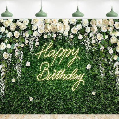 Riyidecor Green Leaves Birthday Backdrop Polyester Fabric Blooming White Rose Flower Floral Elegant Greenery Grass Wall Natural Plant 5Wx3H Feet Photography Background Birthday Photo Studio Shoot