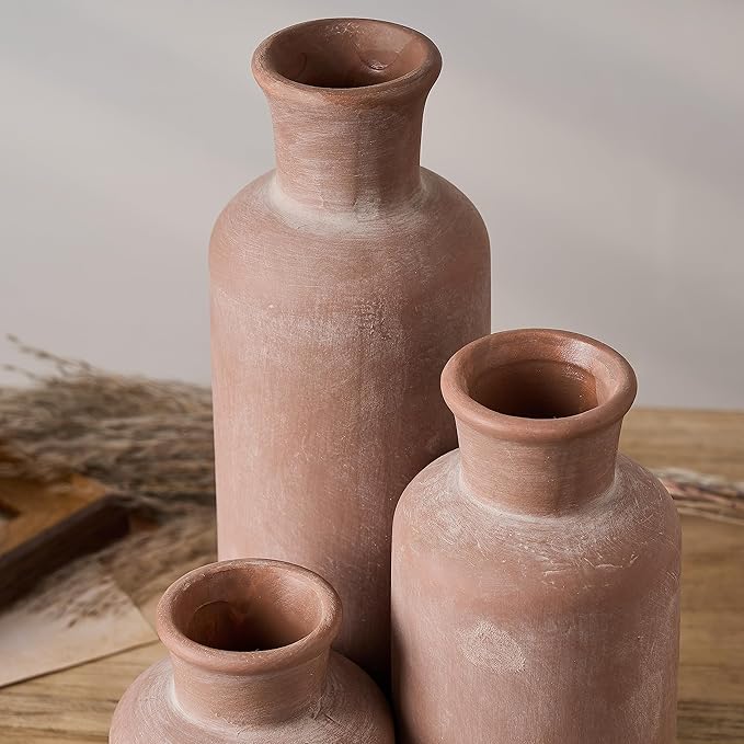 LUKA Ceramic Rustic Farmhouse Vase,Terracotta Vases for Decor,Vase Set of 3,Vases for Your Bedroom,Office,Living Room,Fireplace,Bookshelf Decor,Housewarming 10+7.5+5 Inch