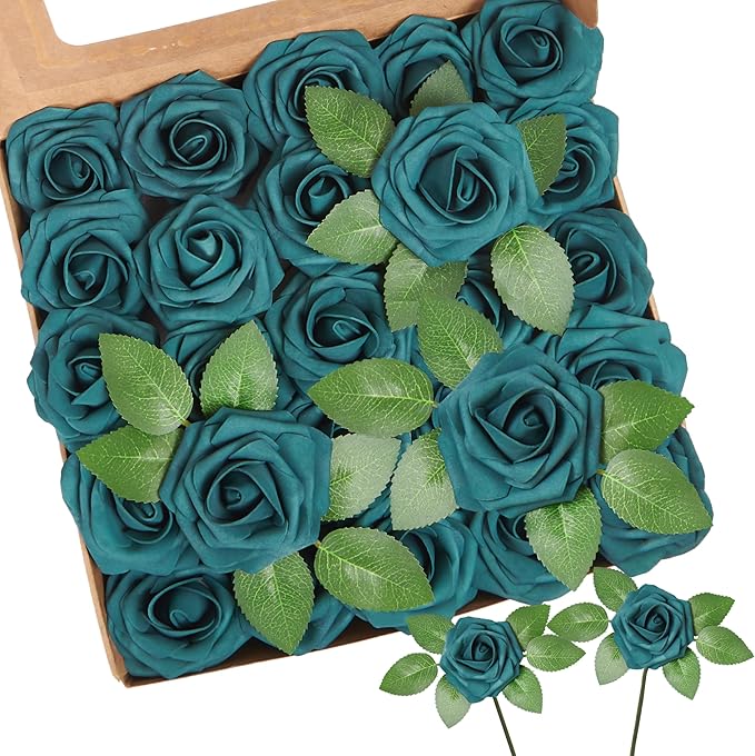 Artificial Flowers, 50pcs Artificial Rose for DIY Wedding Bouquets Centerpieces Arrangements, Dark Teal Fake Rose with Stems for Birthday Bridal Shower Graduation Events Decoration