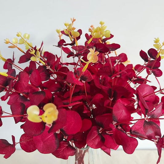 19" Faux Flowers Artificial Silk Silver Dollar Eucalyptus Stems Fake Plant for Vase Home Wedding Decor 3 Pcs (Dark Red)