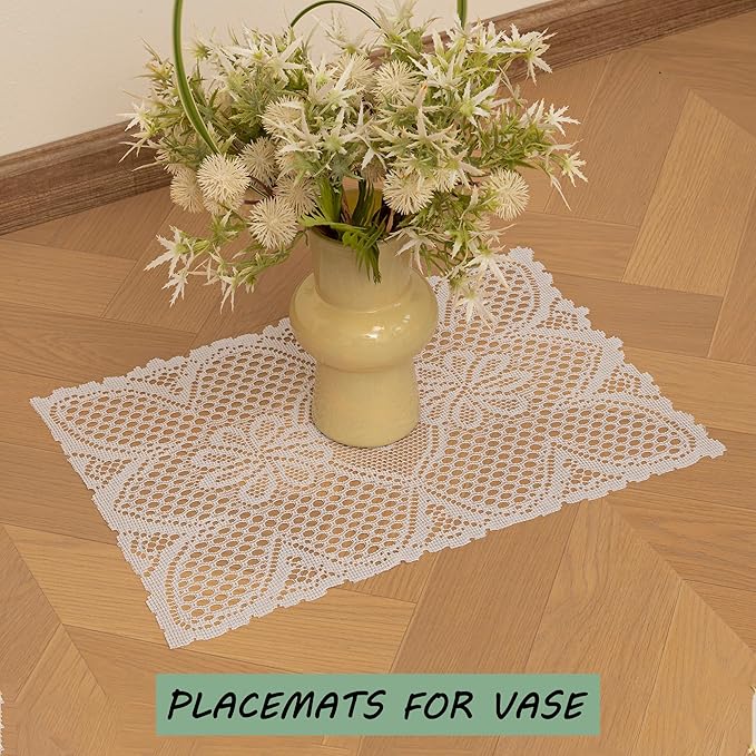 Jayla 2 Pcs Rectangle Lace Placemats for Tables Embroidered Lace Tablemats Vintage Crochet Floral Table Runner Vintage Wedding, Tea Party Decor,12x17 Inch