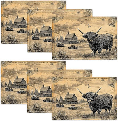 Farmhouse Highland Cow Placemats Set of 6, Country Barn Place Mats, Rustic Black and White Dining Table Mats, Washable Placemats for Kitchen Dining Room Home Decor 18L'' × 12W''